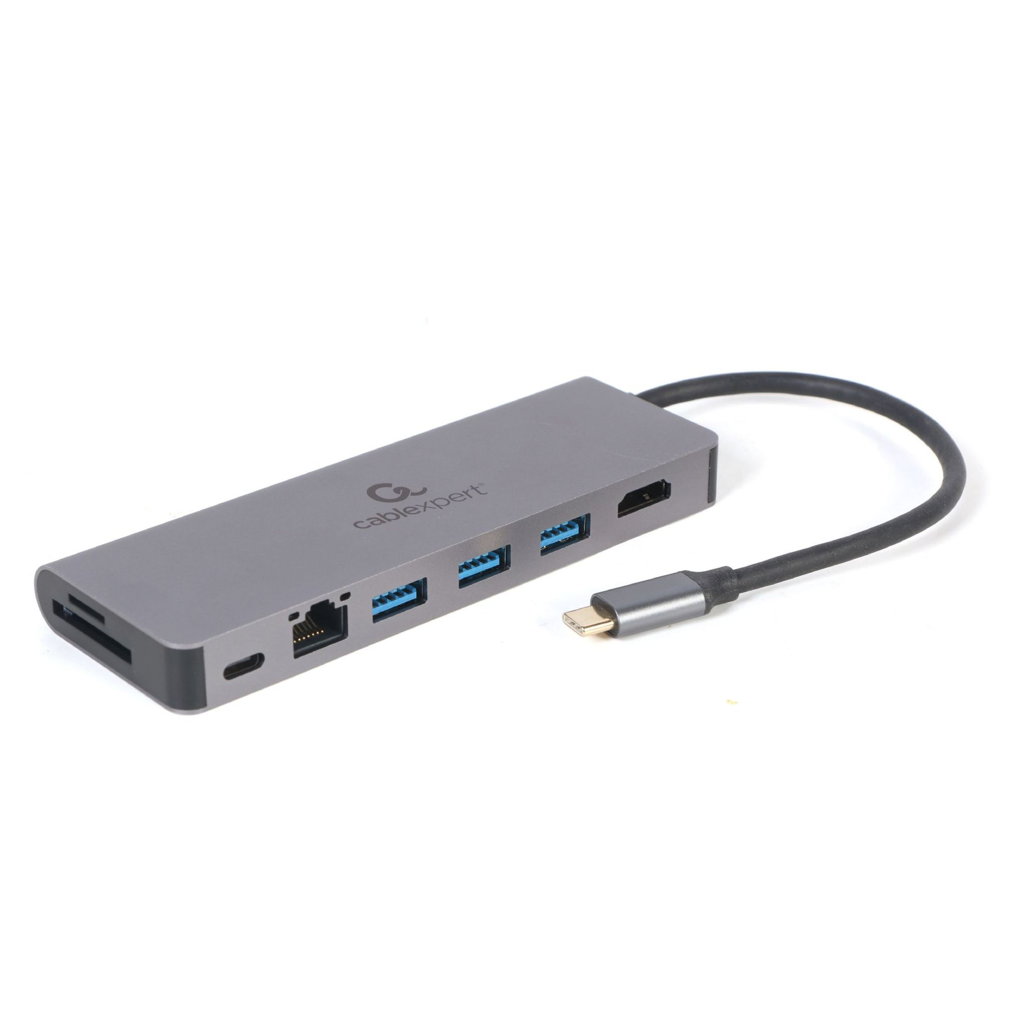 Grijze USB-C hub met SD-kaart, USB-A, Ethernet, HDMI en USB-C poorten.