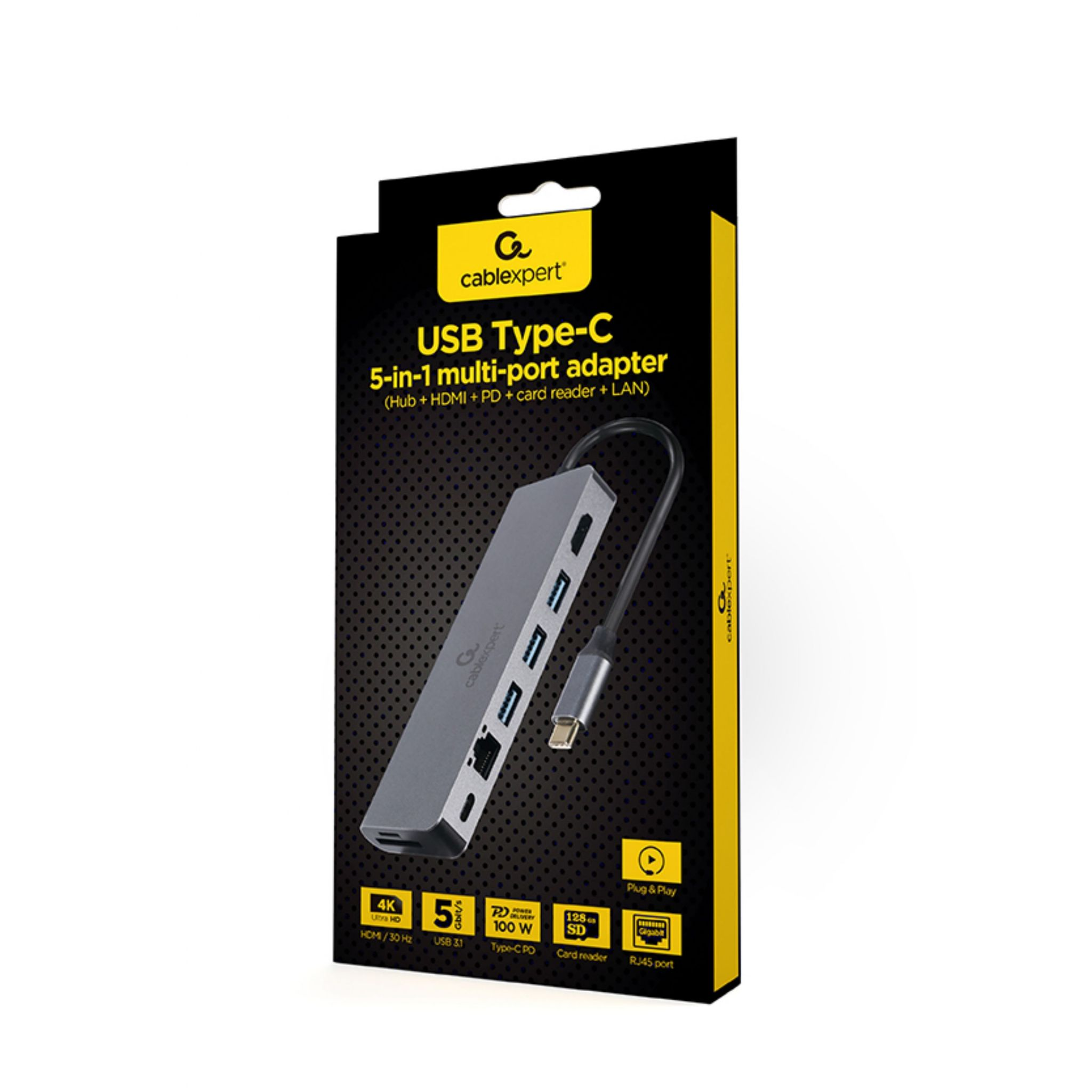 Grijze USB-C 5-in-1 adapter met HDMI, PD, kaartlezer en LAN.