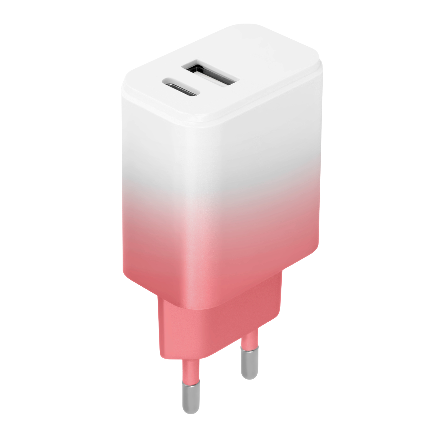 Biały i różowy adapter ładowarki USB z dwoma portami i wtyczką europejską.