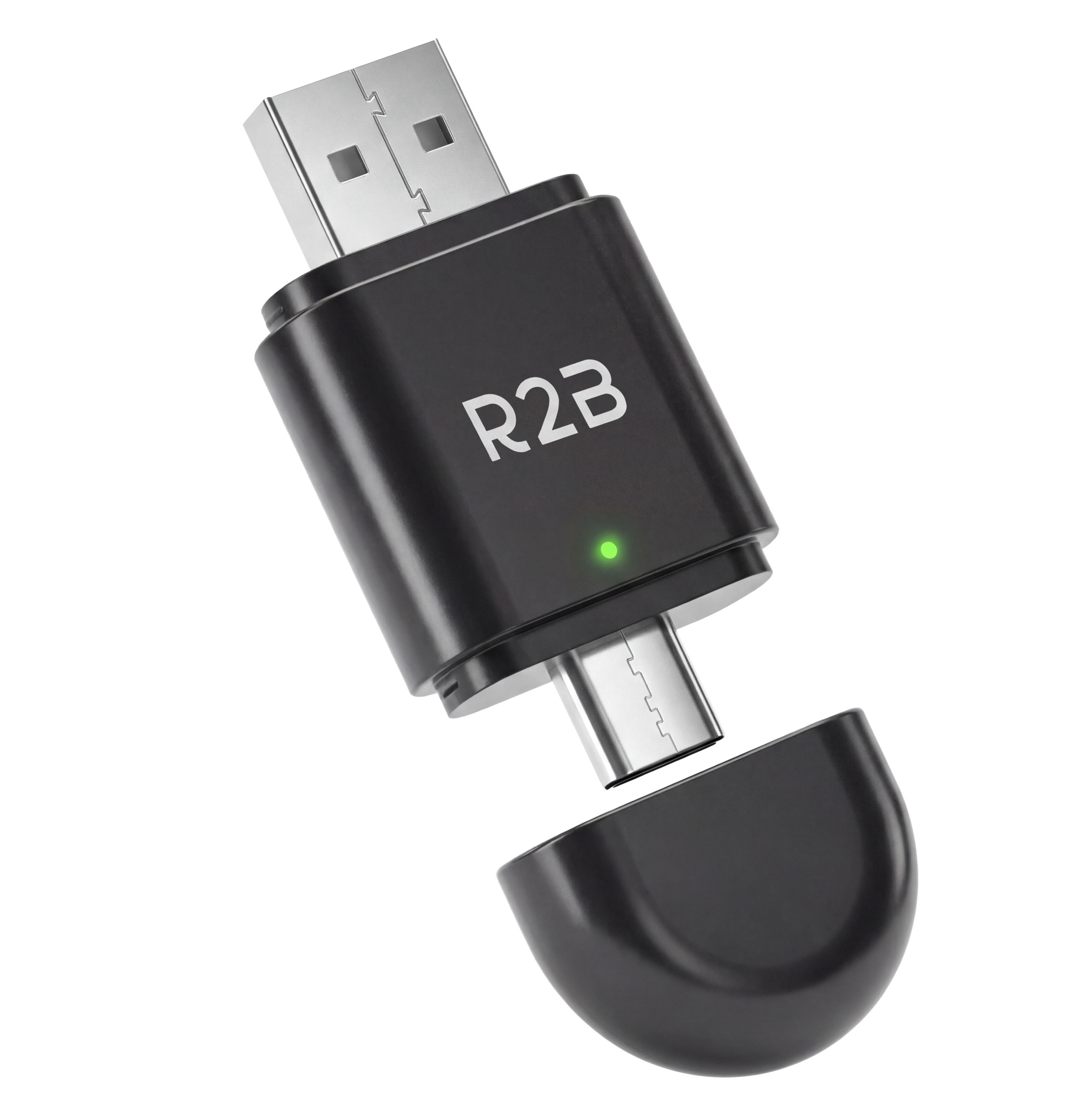 Zwarte USB-C adapter met R2B logo en groen lampje.