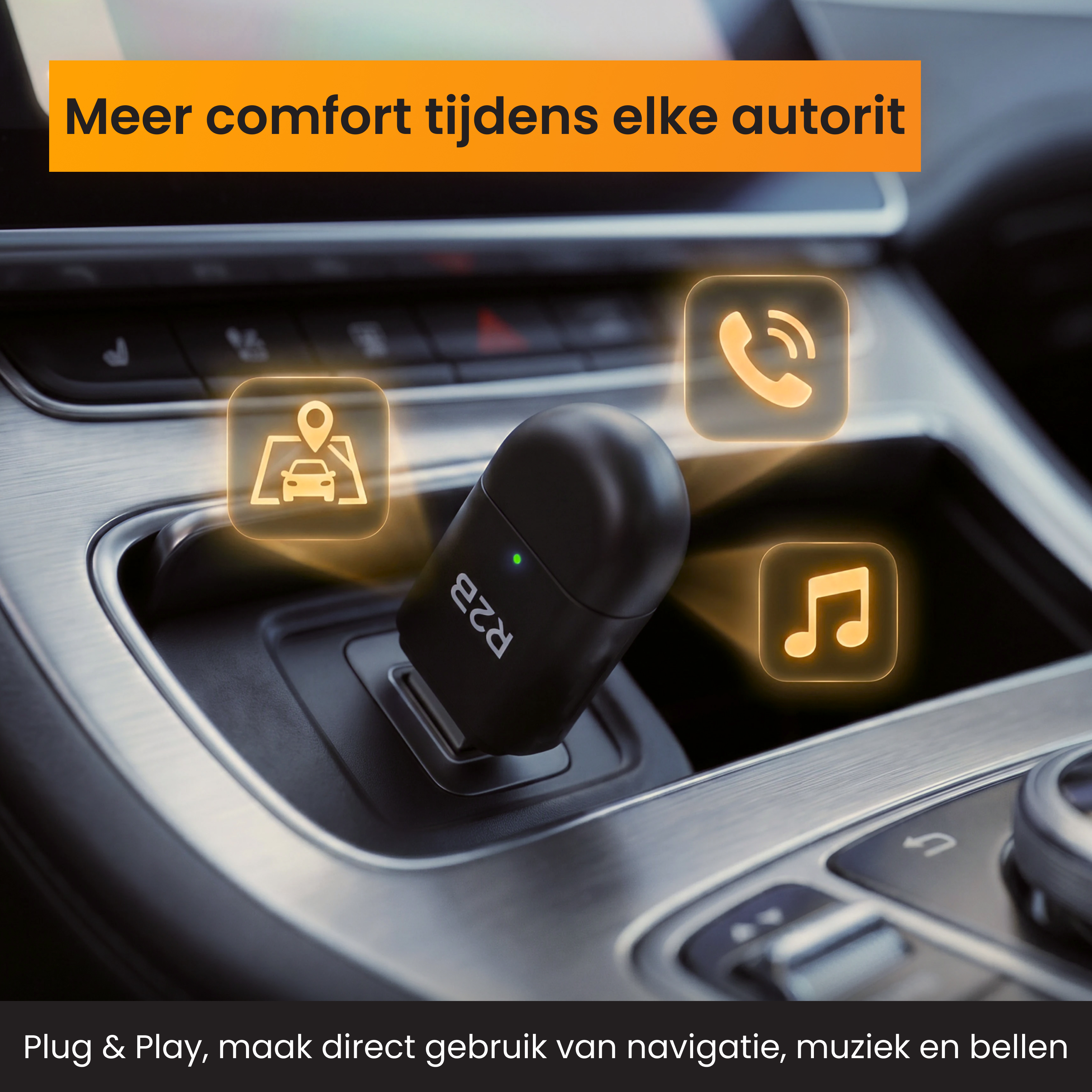 Een zwart R2B-apparaat in een auto met navigatie-, bel- en muziekiconen.