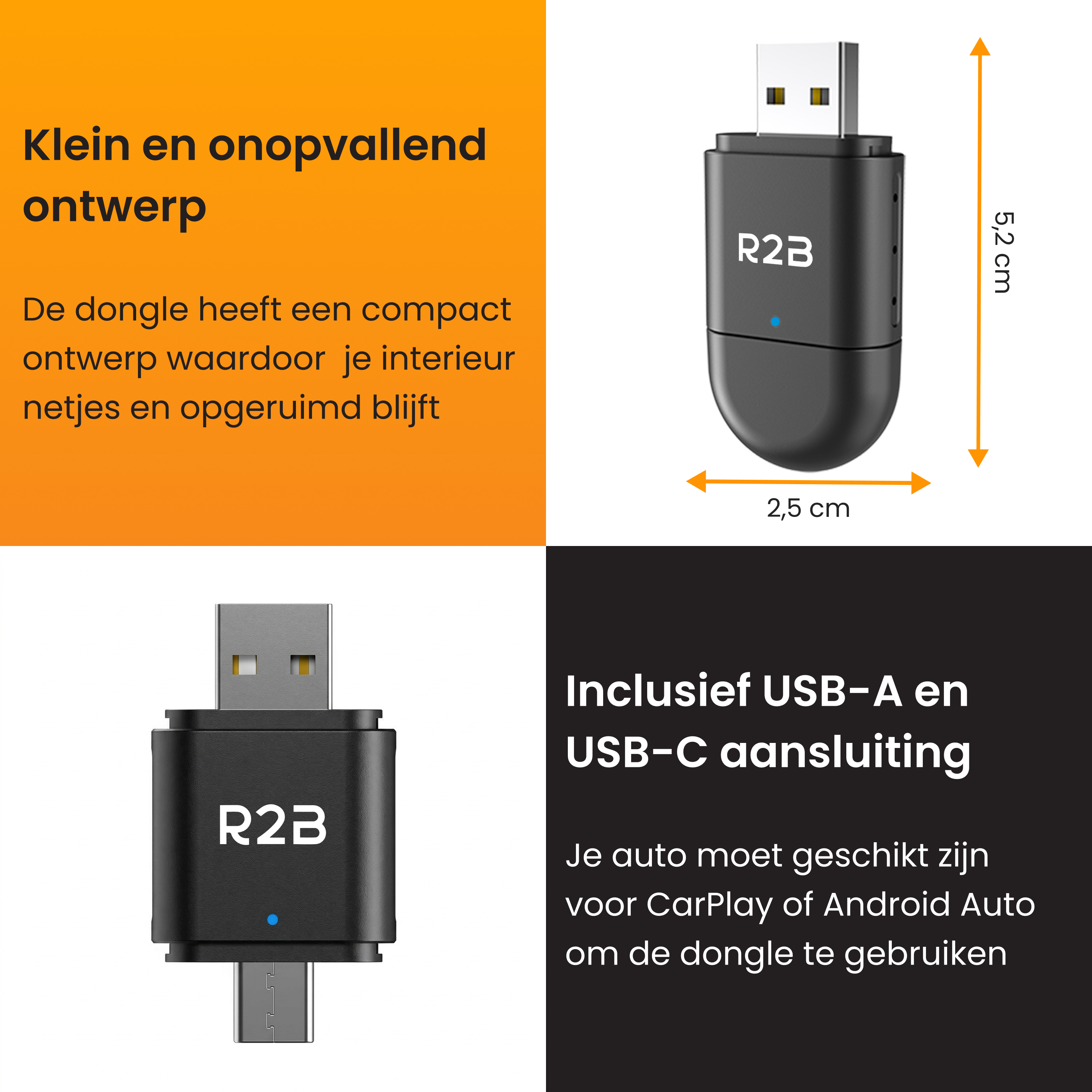 Compacte zwarte R2B logo USB-dongle, 2,5x5,2 cm.