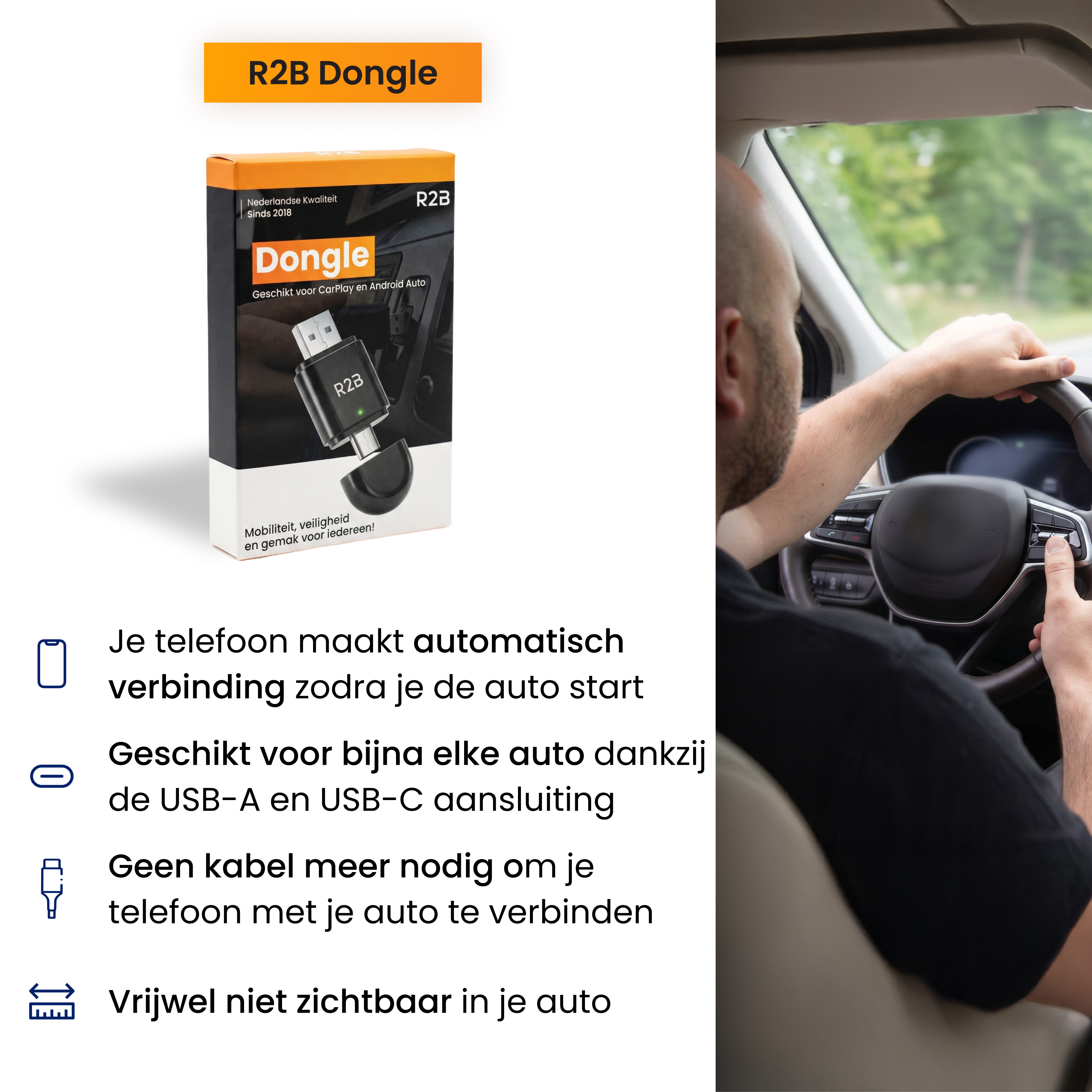 Man rijdt auto, productbox met R2B Dongle ernaast.