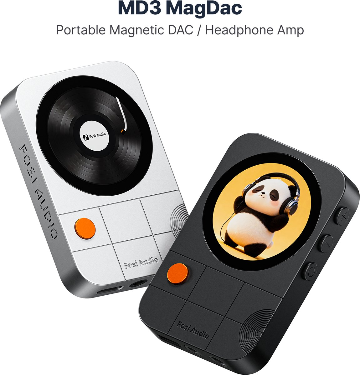 Deux DAC portables Fosi Audio : un argenté avec design de disque, un noir avec un panda.