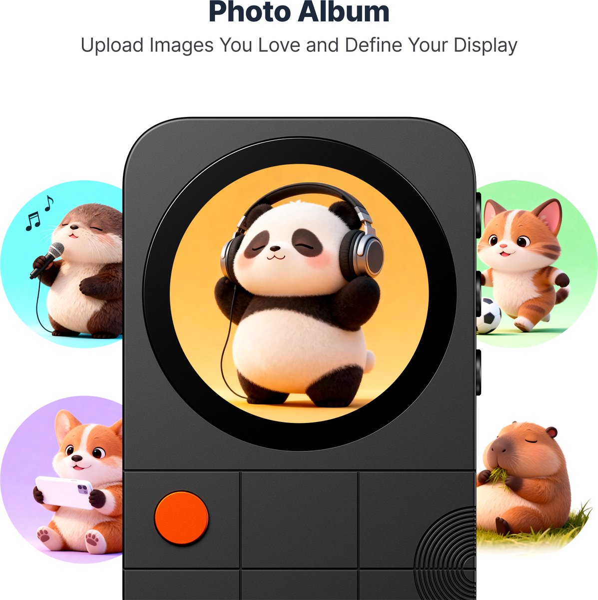 Panda avec casque, loutre avec micro, chat avec ballon, corgi avec téléphone, capybara mangeant.