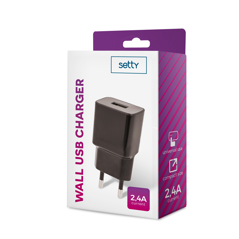 Un caricabatterie USB da muro Setty nero con corrente da 2,4A sulla confezione.