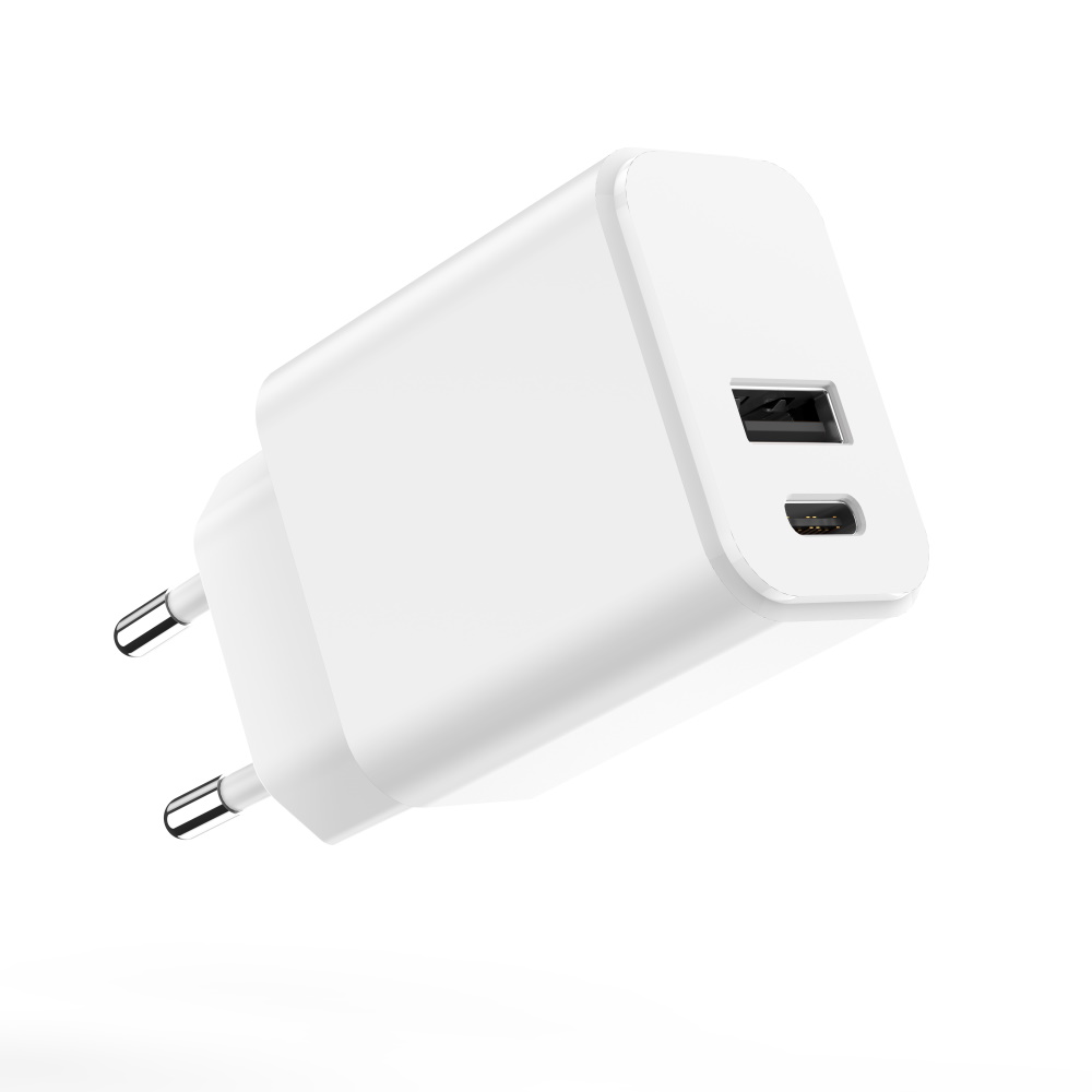 Biały adapter zasilania USB-C z jednym portem USB-A i jednym USB-C.