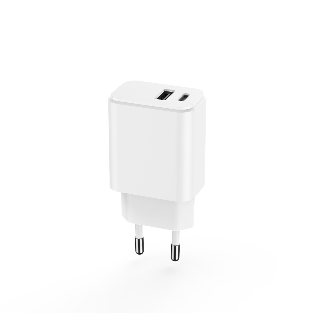 Biała ładowarka USB z dwoma portami i bolcami wtyczki UE.
