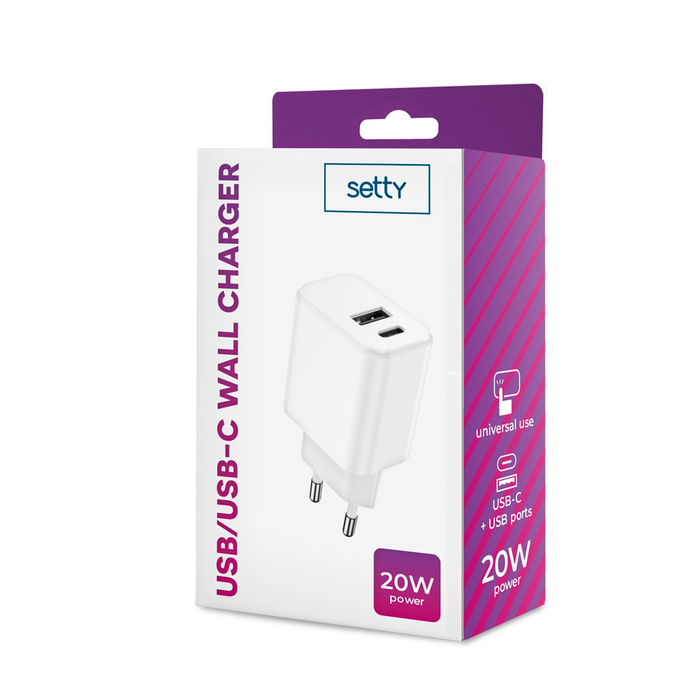 Białe opakowanie ładowarki ściennej Setty USB/USB-C z 2 portami, 20W.