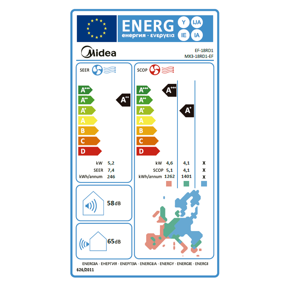Etiqueta energética para AC: Midea EF-18RD1, con SEER 7,4 y SCOP 5,1.