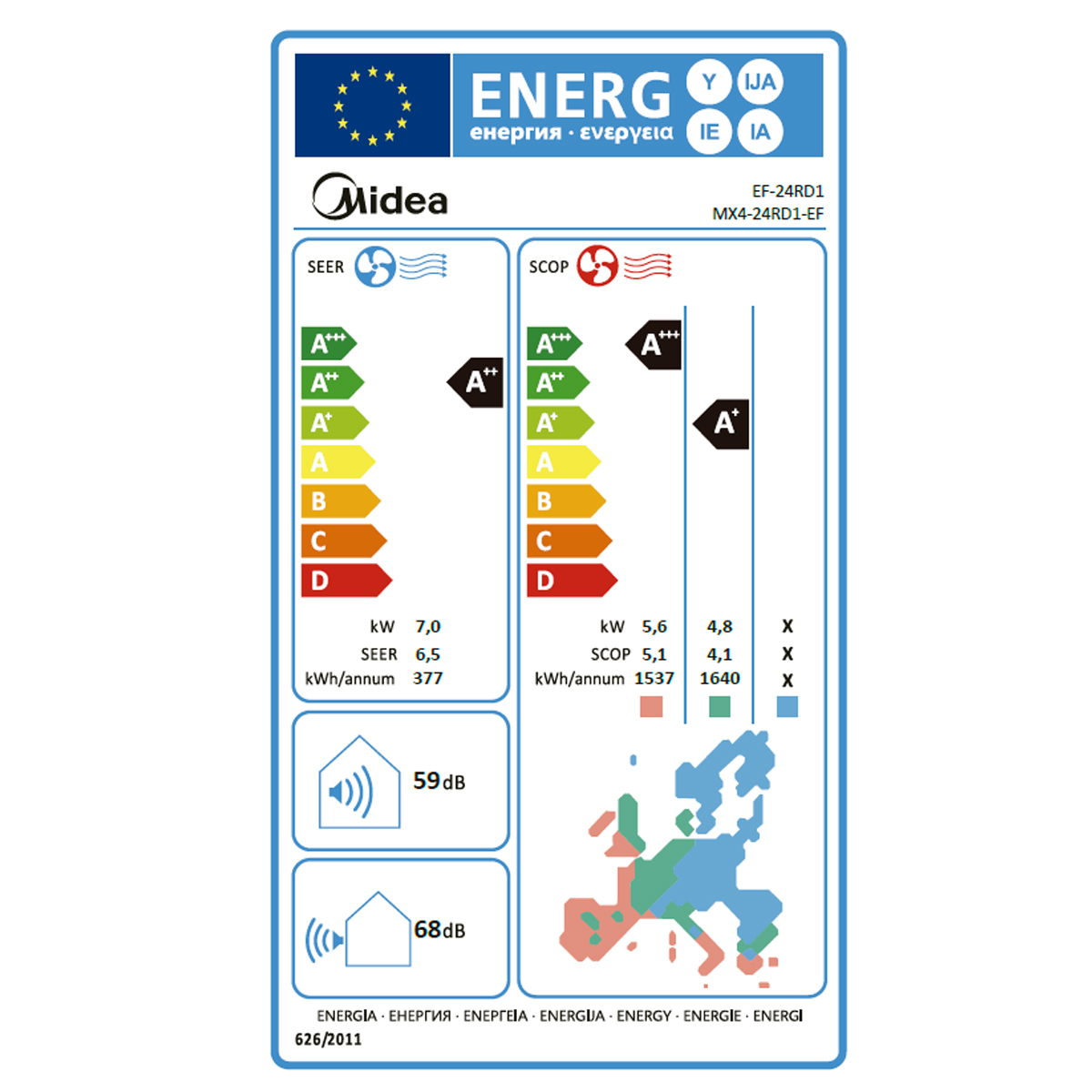 Etiqueta energética para aire acondicionado Midea EF-24RD1, SEER 6,5, SCOP 5,1.