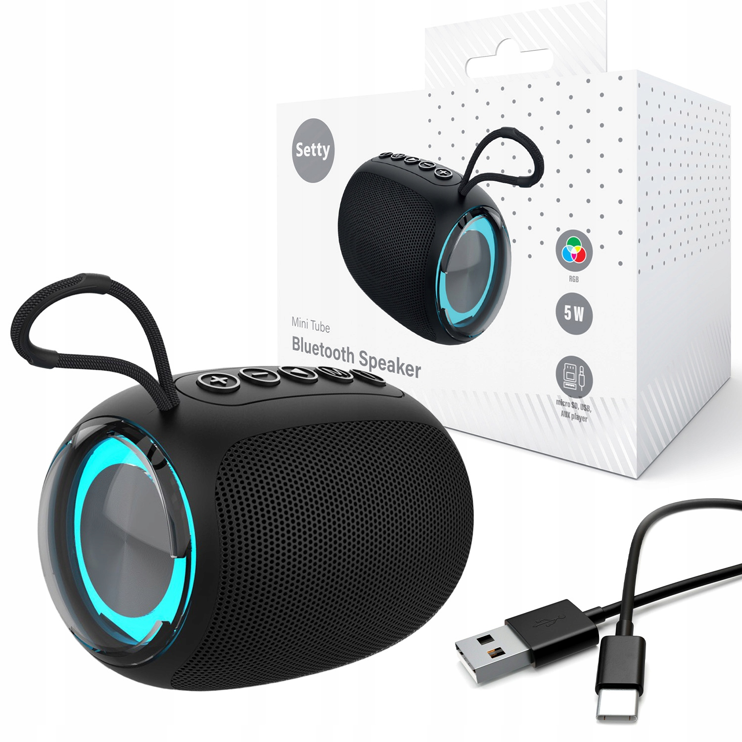 Czarny głośnik Bluetooth z niebieskimi podświetleniami i kablem USB-C.