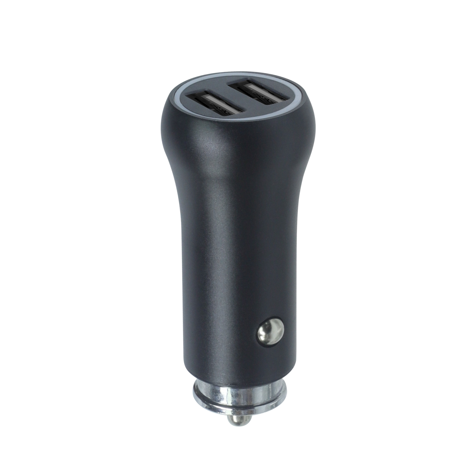 Czarny adapter samochodowy z dwoma portami USB i srebrnymi akcentami, na białym tle.