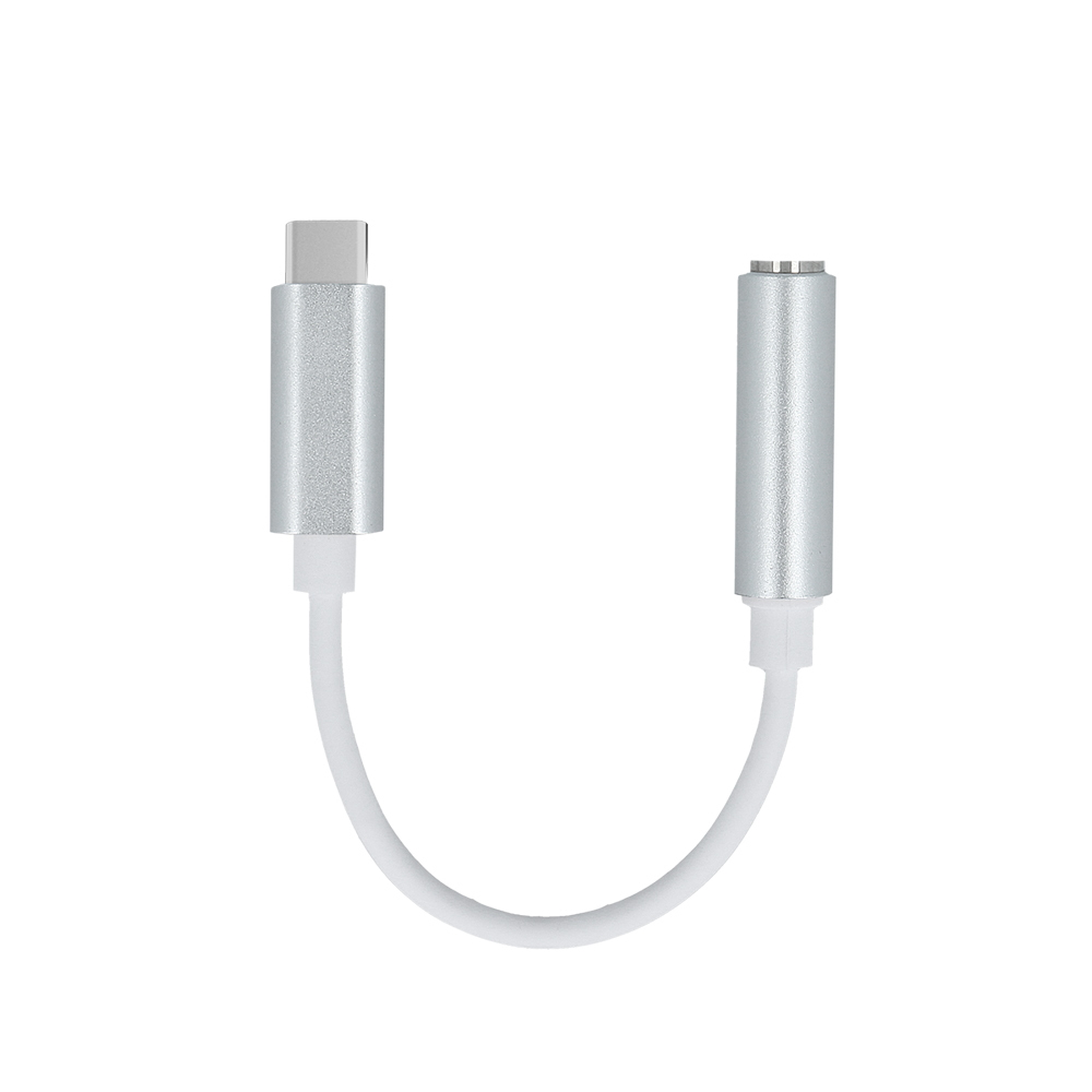 Srebrny adapter USB-C do słuchawek 3,5 mm z białym kablem.