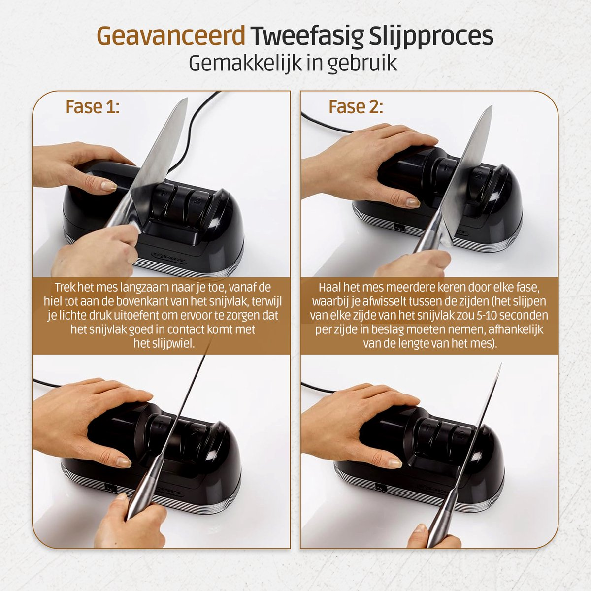 Two phases of knife sharpening using a black device and hands guiding a knife.