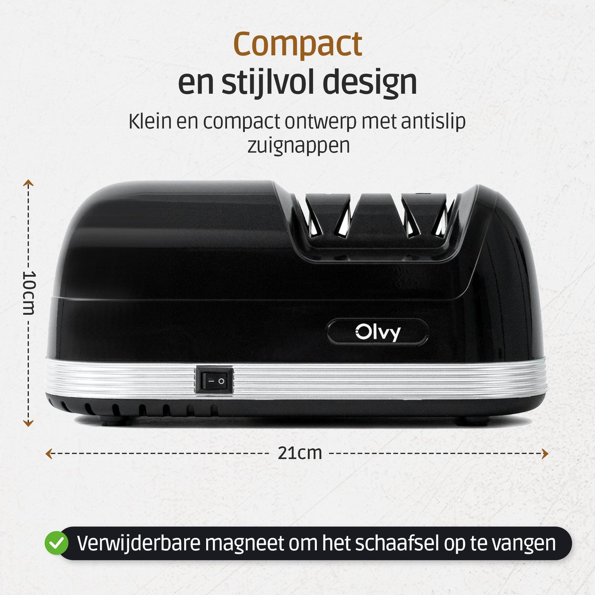 Black, compact knife sharpener measuring 21x10cm with Olvy logo.