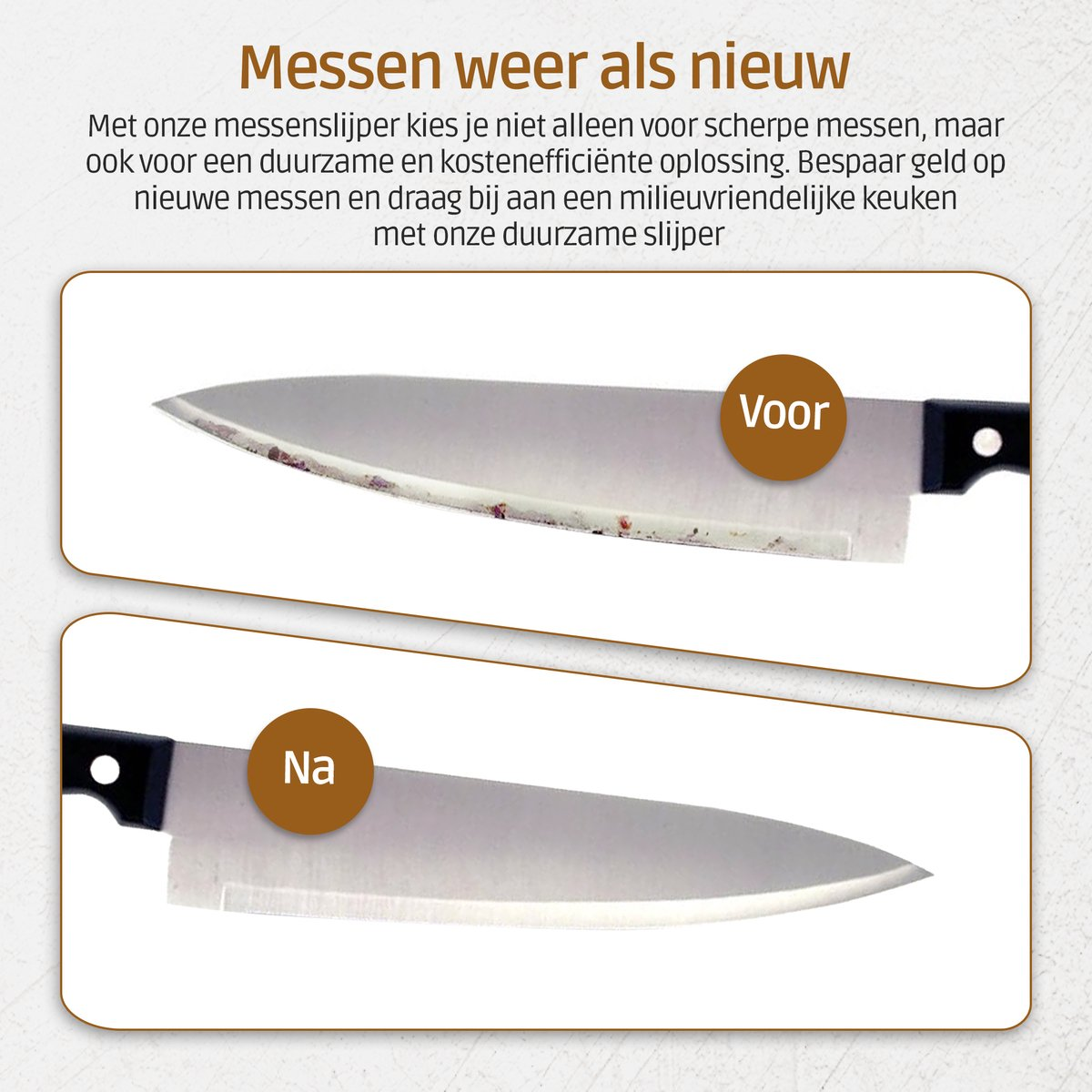 Before and after comparison of a dull, damaged knife, then sharpened.