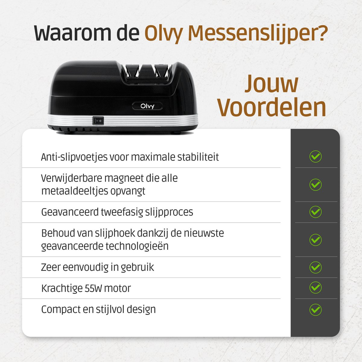 Black Olvy knife sharpener with text listing its benefits.