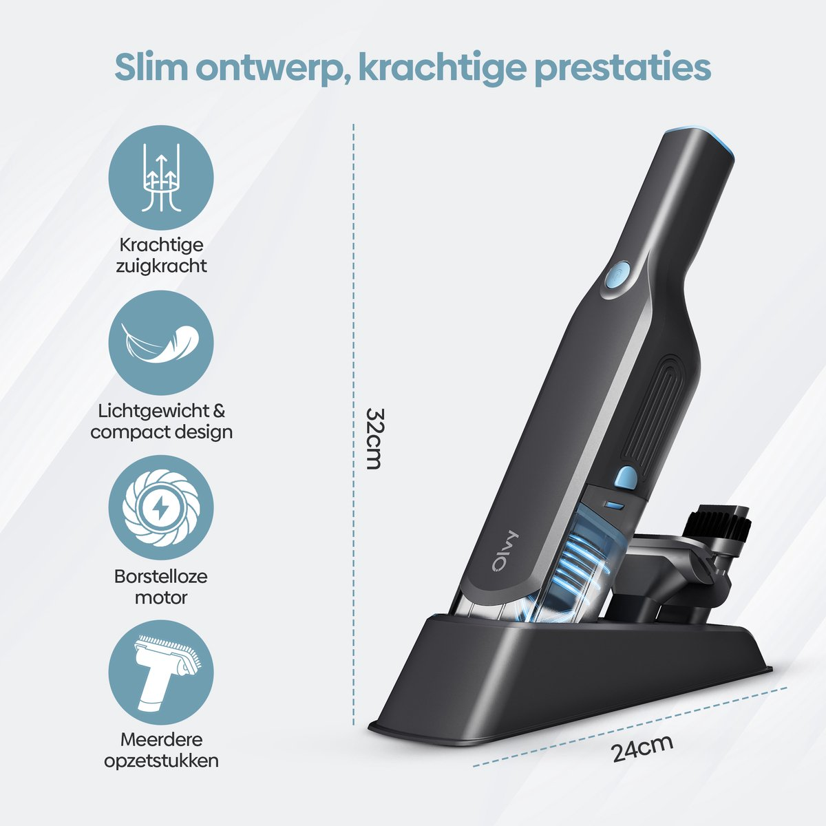 Zwarte handstofzuiger op laadstation, 32cm hoog, 24cm breed.