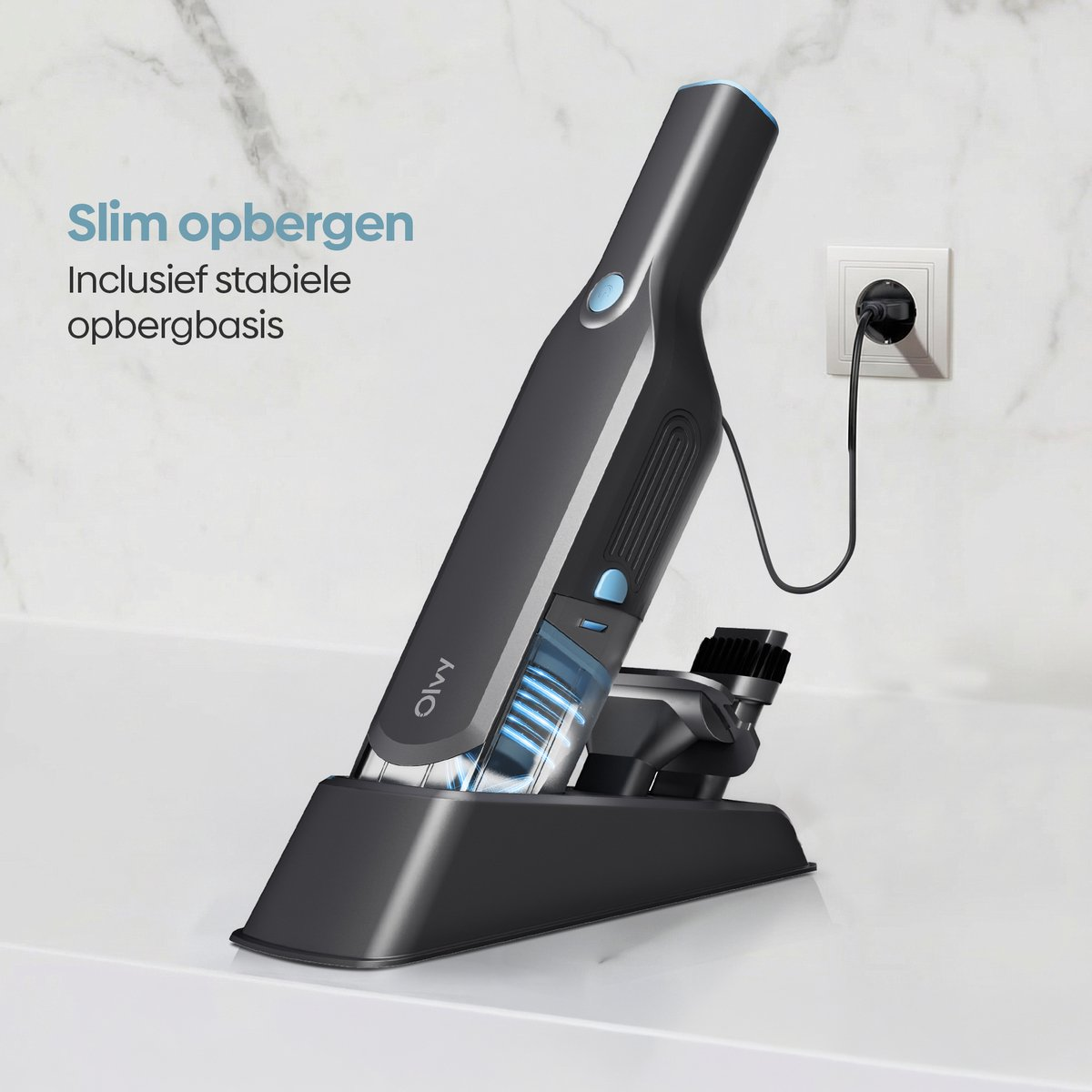 Zwarte kruimeldief met oplaadstation en aangesloten blauwe wandlader.
