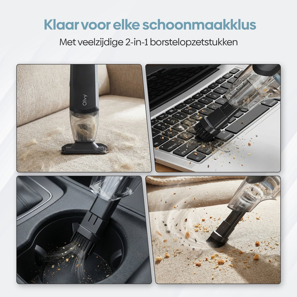 Een kruimeldief reinigt bank, toetsenbord, auto-interieur en stof.