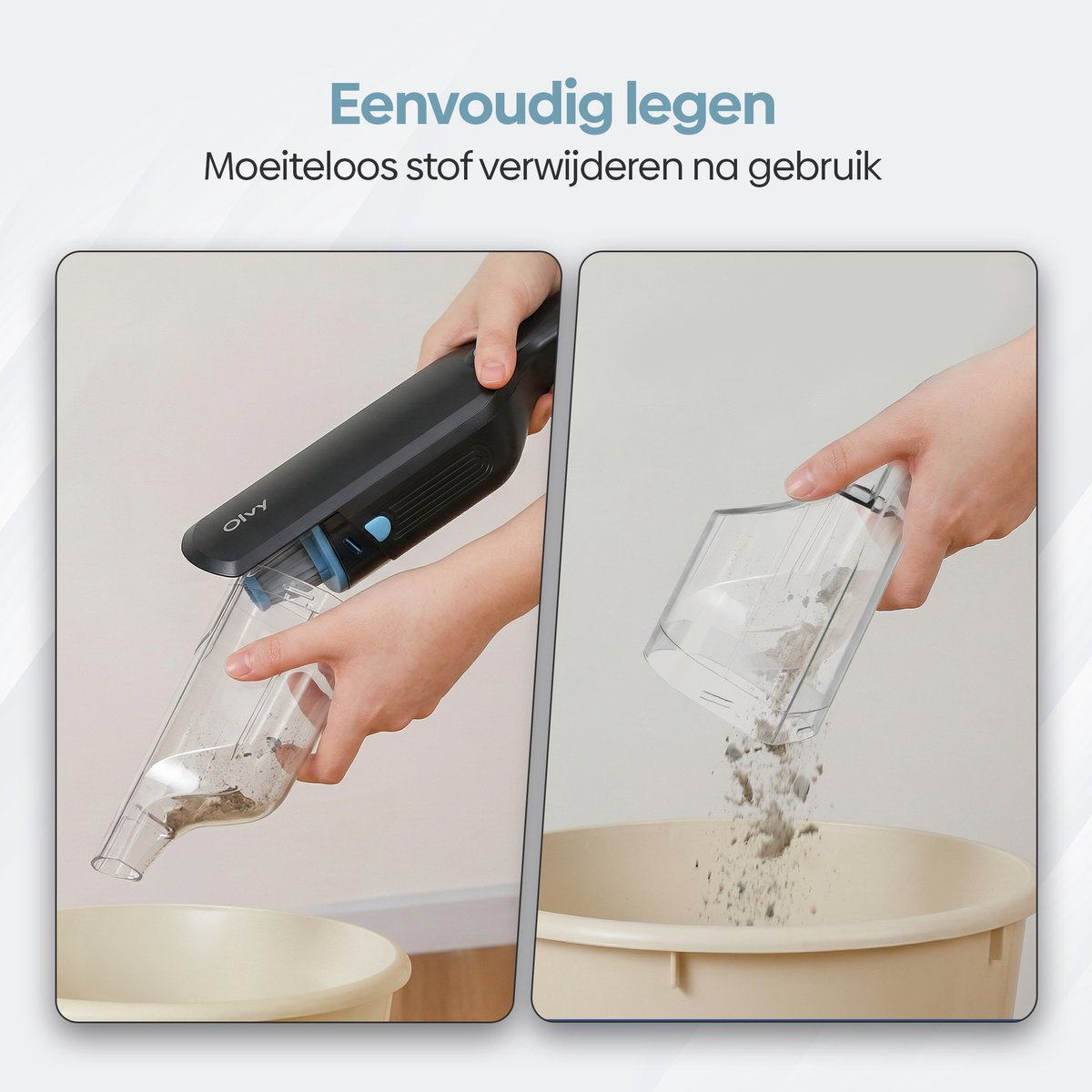 Hand houdt stofzuigerbak boven emmer om stof te legen.