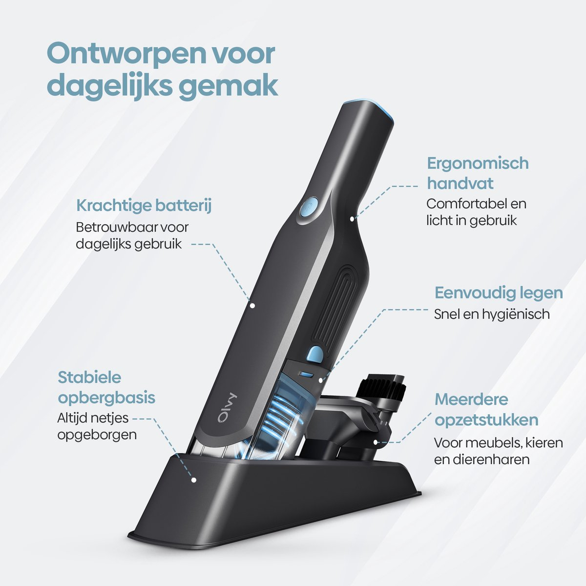Een zwarte kruimeldief op een laadstation, met functies aangegeven.