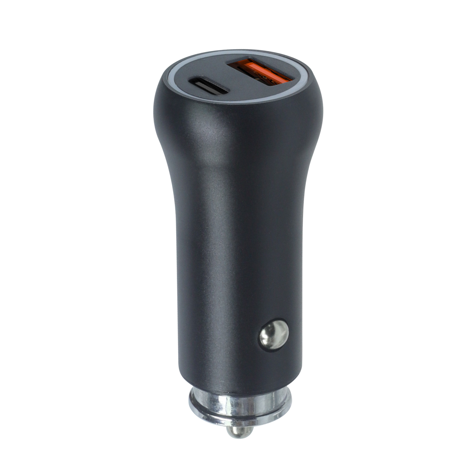 Czarna ładowarka samochodowa z portami USB-C i USB-A.