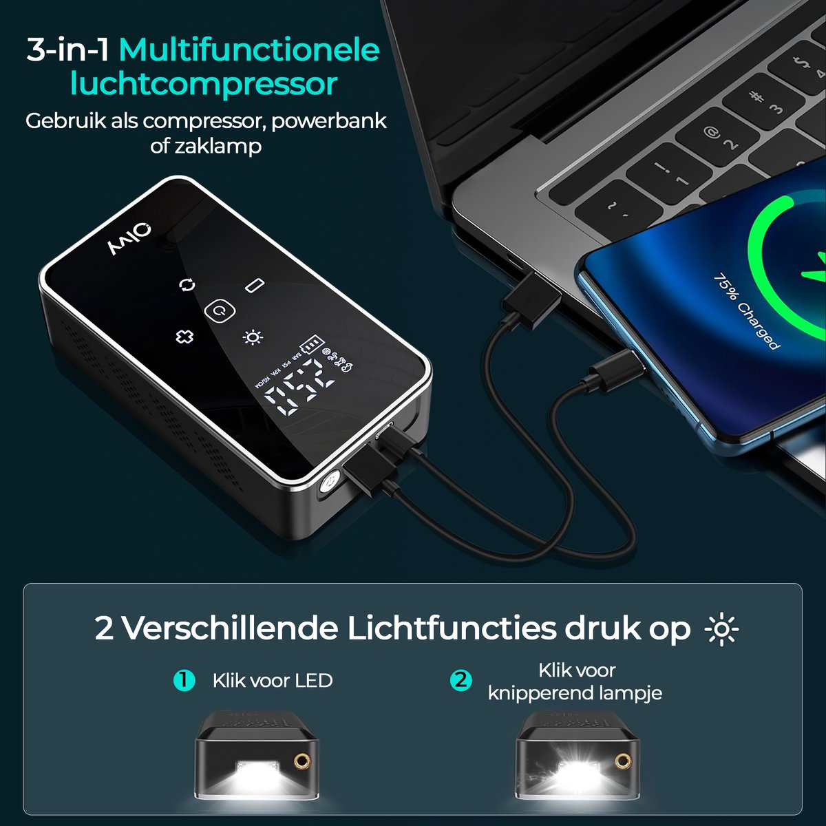 3-in-1 luchtcompressor, powerbank, lamp laadt telefoon en laptop op
