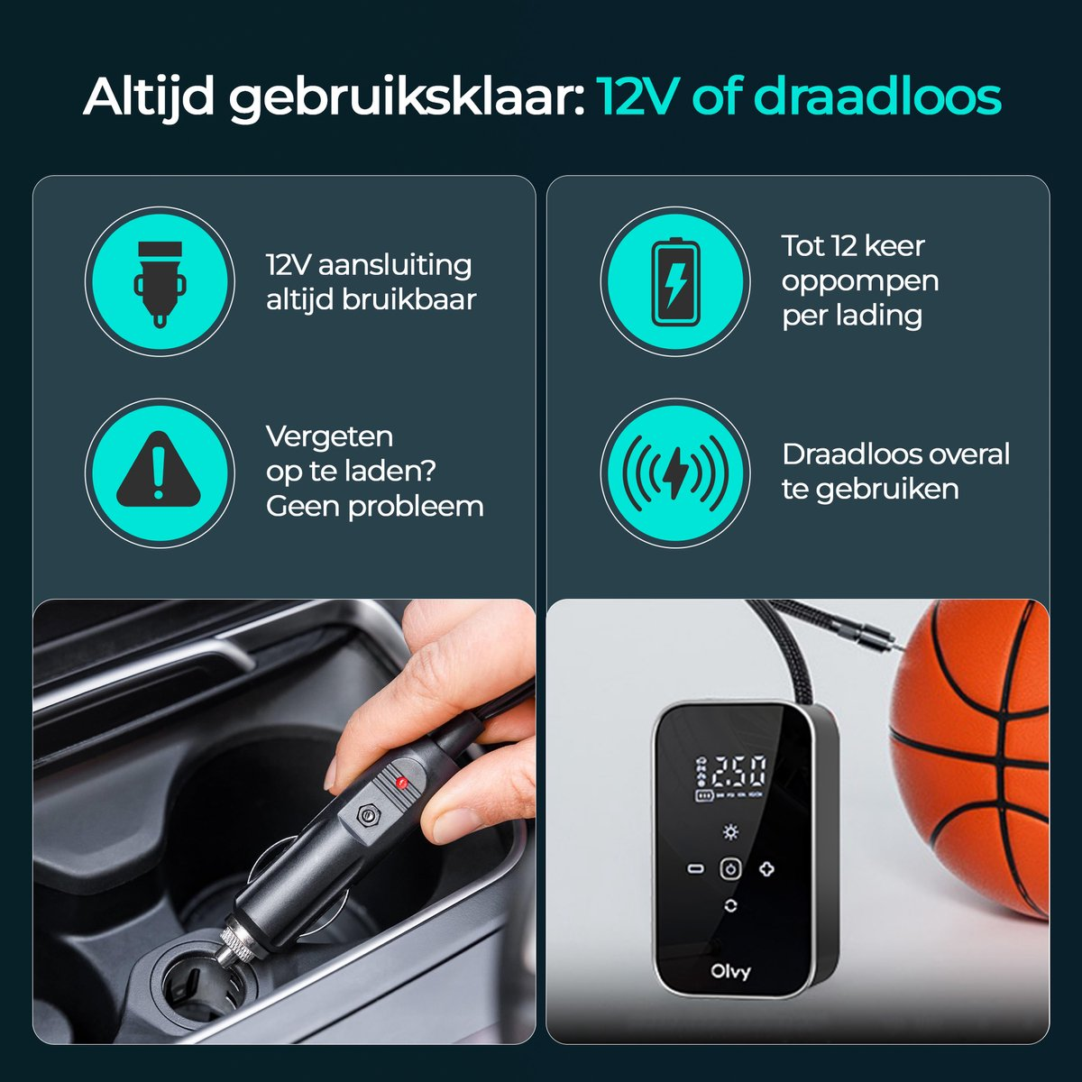 Een draagbare luchtcompressor met 12V-aansluiting en draadloze functie naast een basketbal.