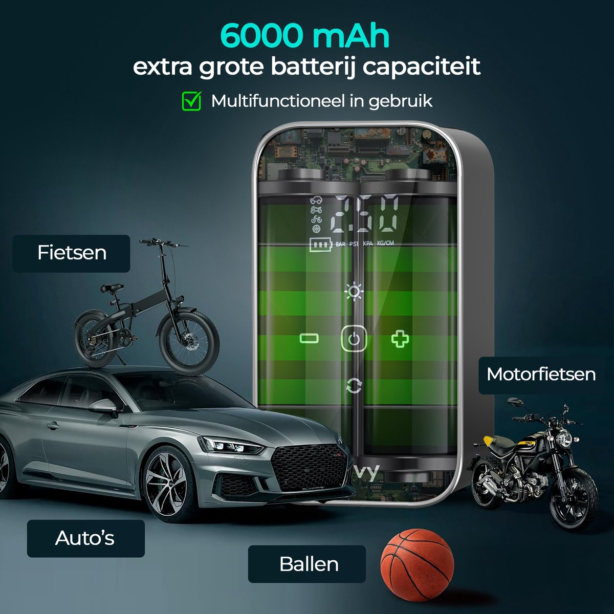 Apparaat met 6000 mAh batterij, getoond met auto, fiets, motor en bal.