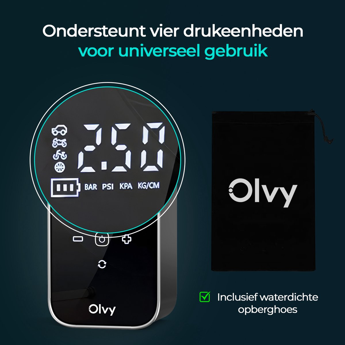 Digitale bandenspanningsmeter met tas. Toont 2.50.