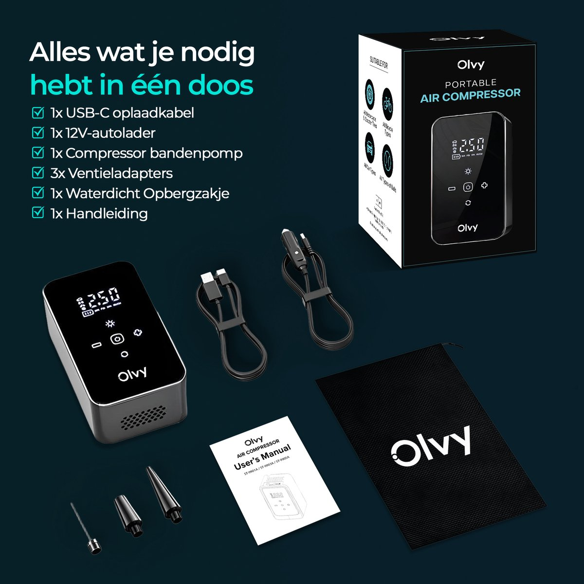 Olvy draagbare luchtcompressor met accessoires: USB-C kabel, 12V lader, spuitmonden, tas.