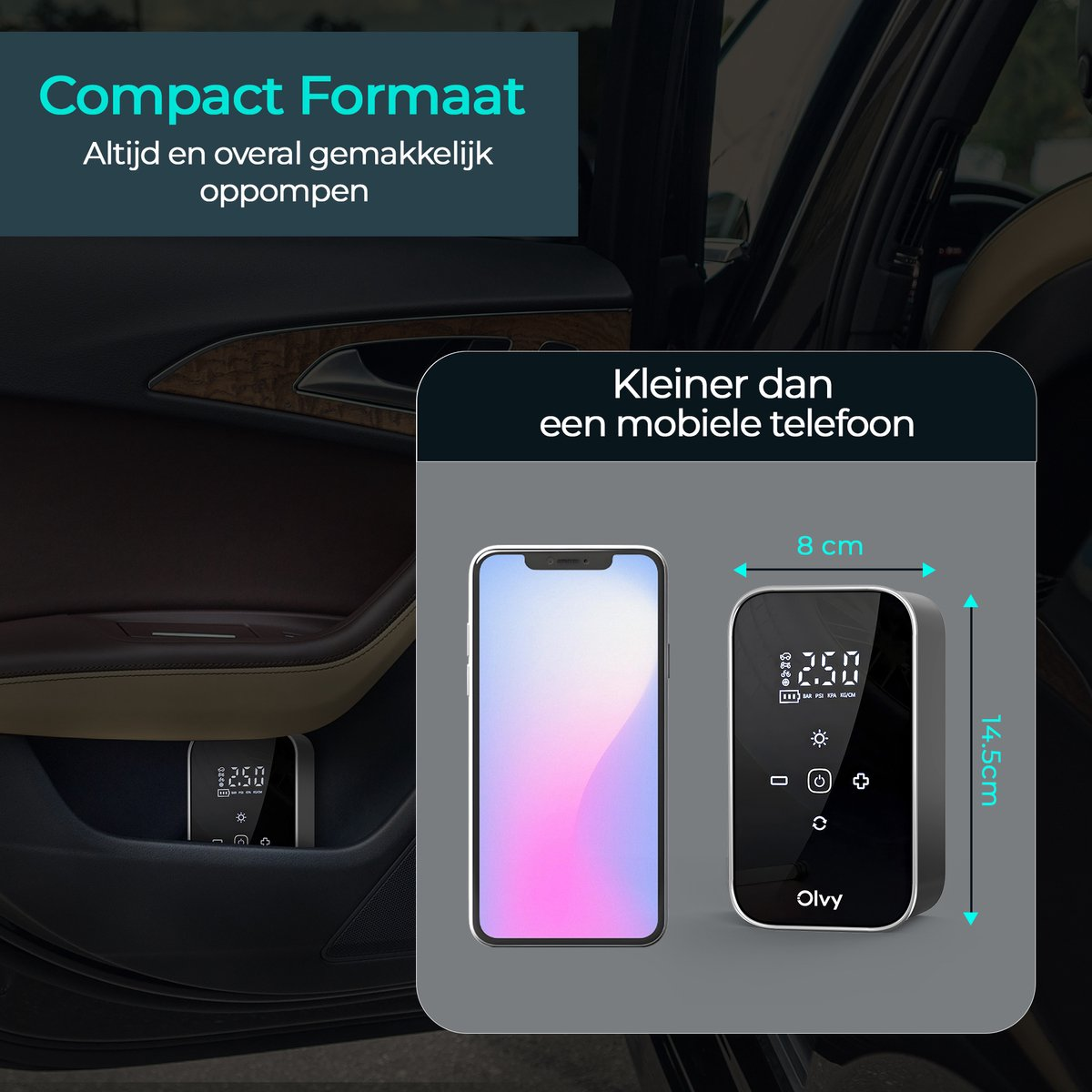 Een compact apparaat, kleiner dan een smartphone, ligt in een autodeurvak.
