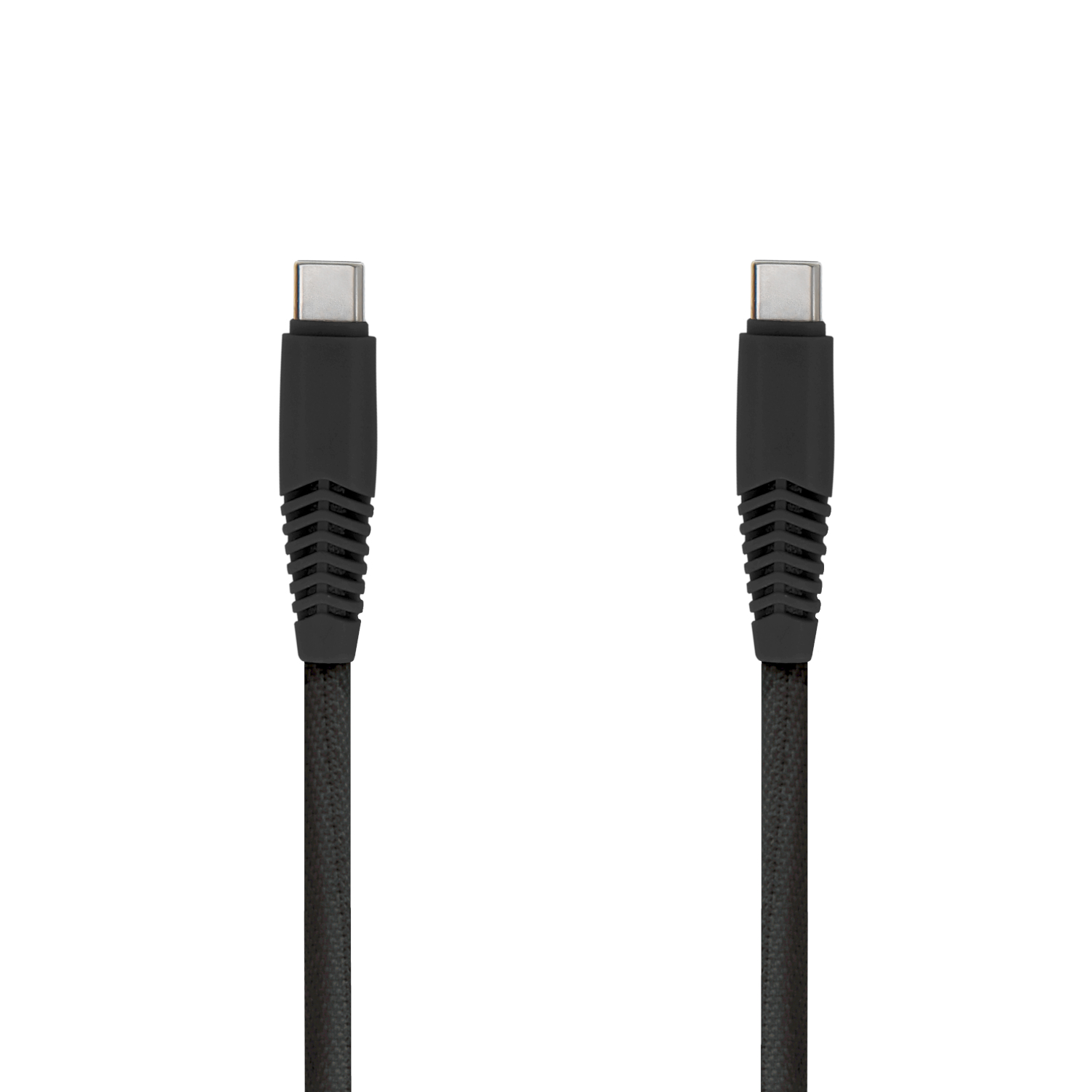 Dwa czarne końce kabla USB-C ze srebrnymi złączami na białym tle.