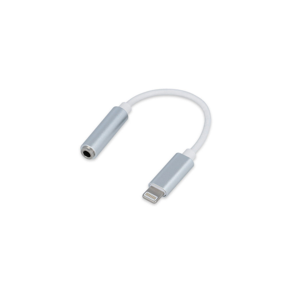 Srebrny adapter Lightning na 3,5 mm z białym kablem.