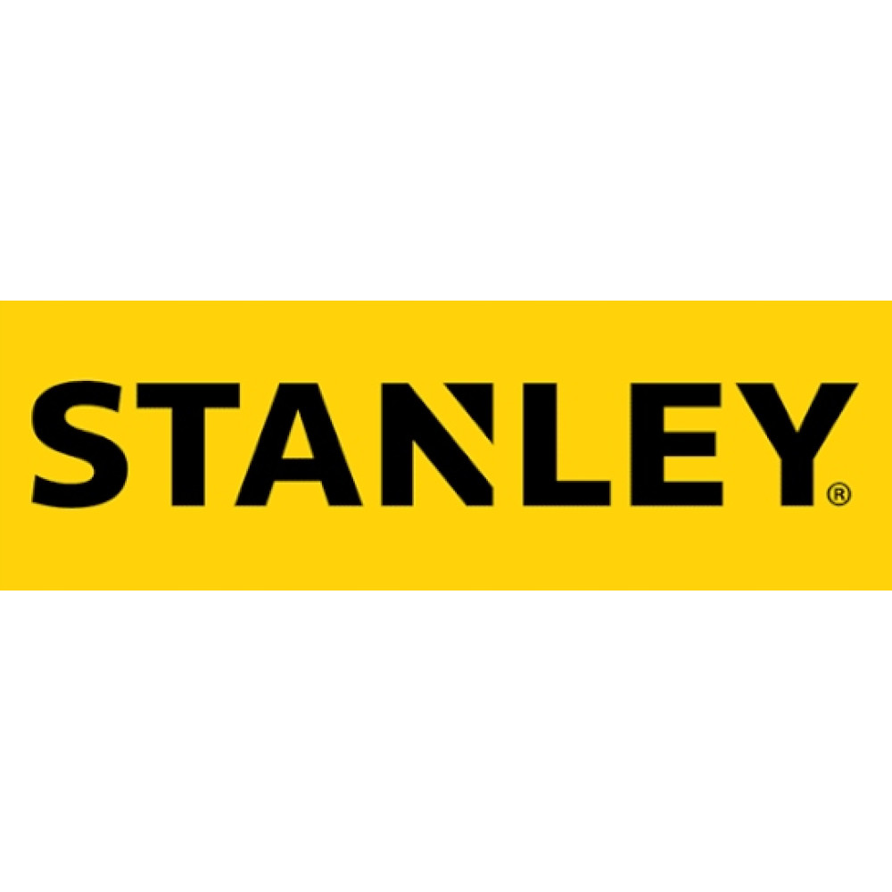 Logo Stanley: Czarny tekst na żółtym tle z literą R.