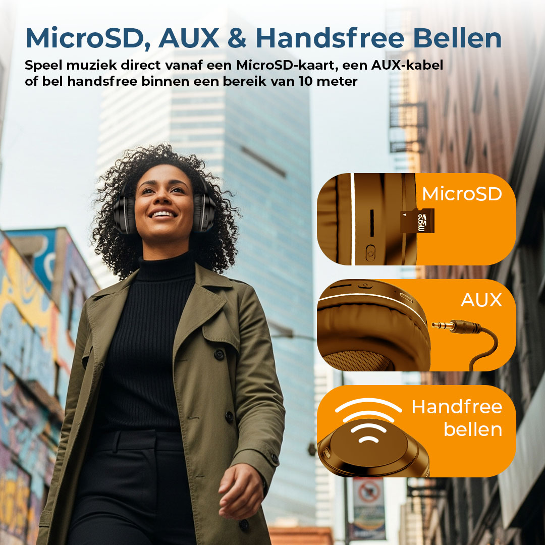 Femme avec écouteurs marchant, montrant MicroSD, AUX et mains libres.
