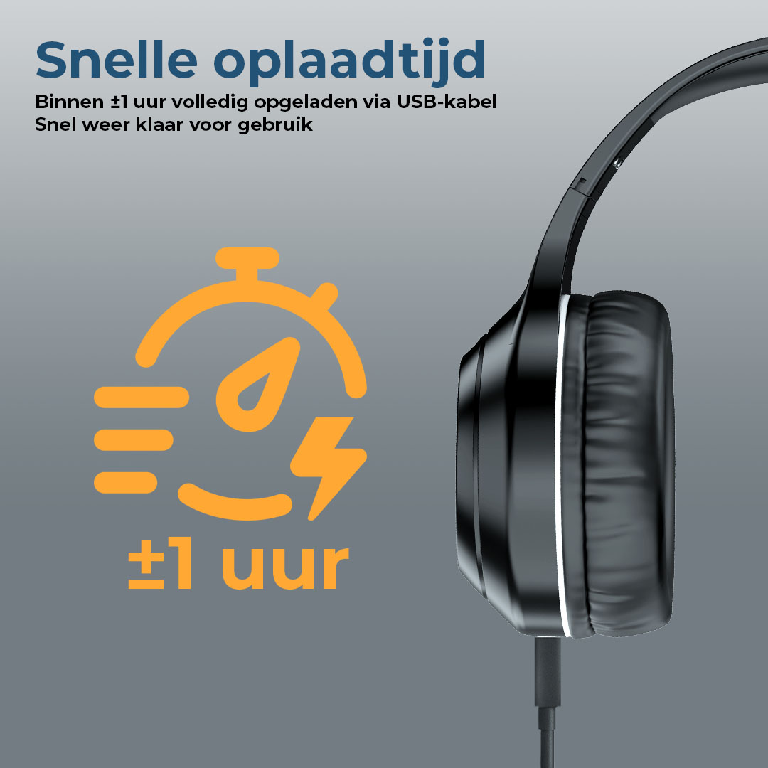 Casque noir se rechargeant par USB en environ 1 heure.
