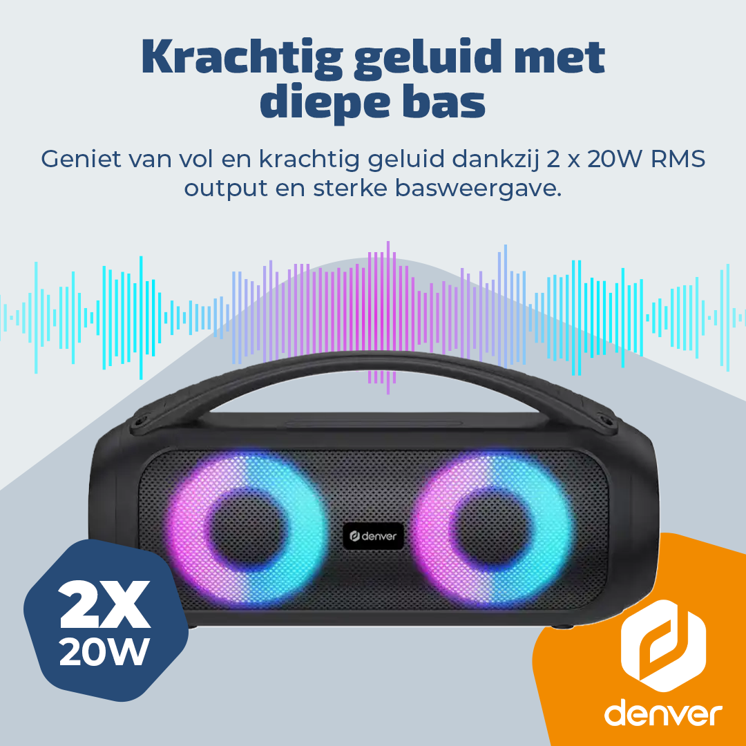 Zwarte Denver speaker met gloeiende ringen en golfvormige weergave.
