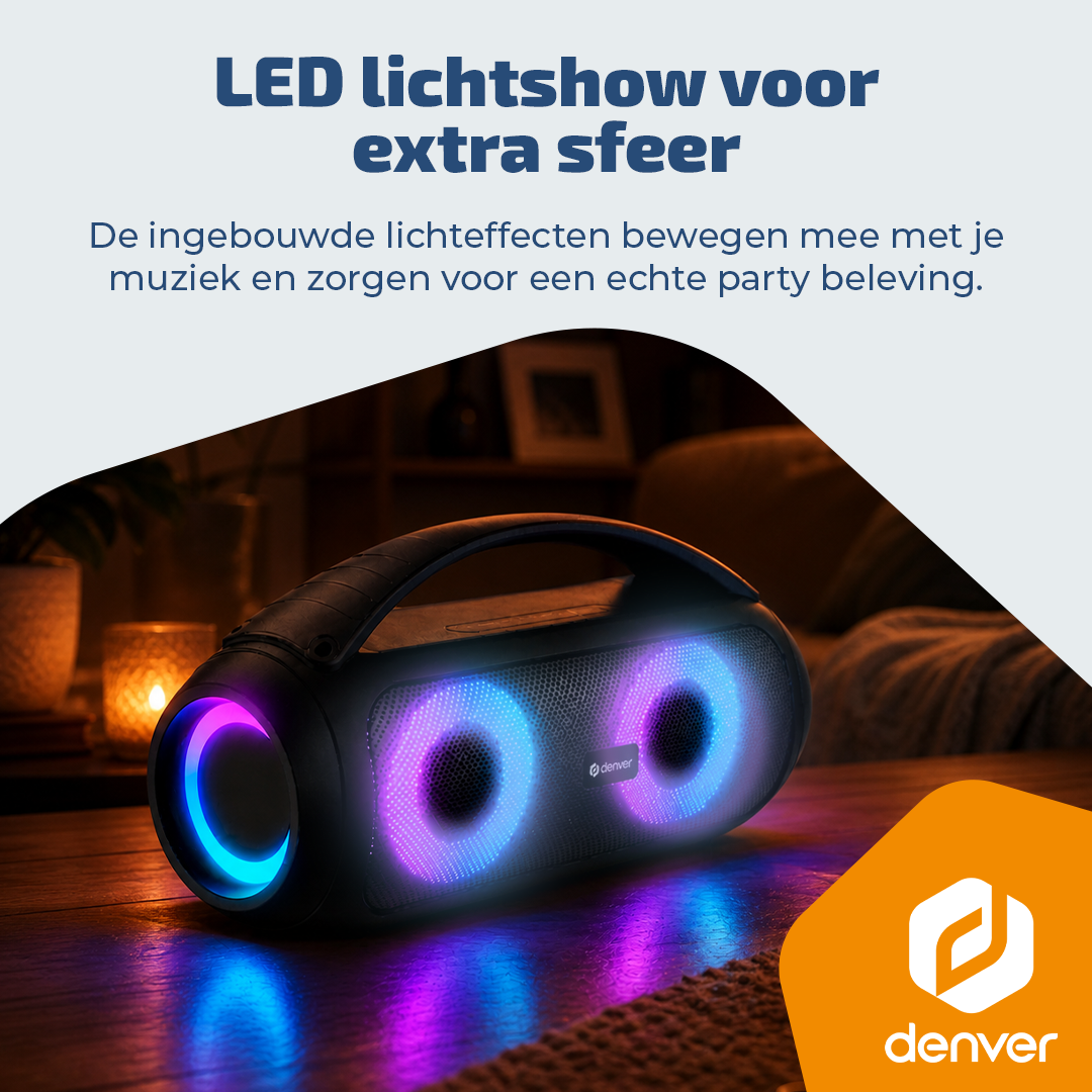 Een zwarte luidspreker met kleurrijke LED-lampjes op een houten tafel.