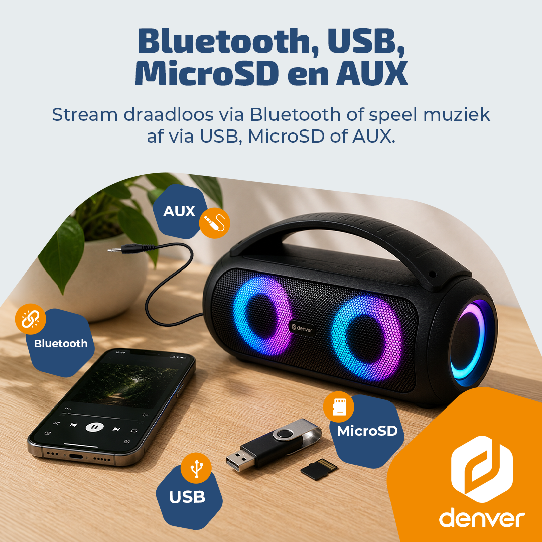 Een zwarte luidspreker met kleurrijke lichten, ernaast een telefoon, USB-stick en MicroSD.