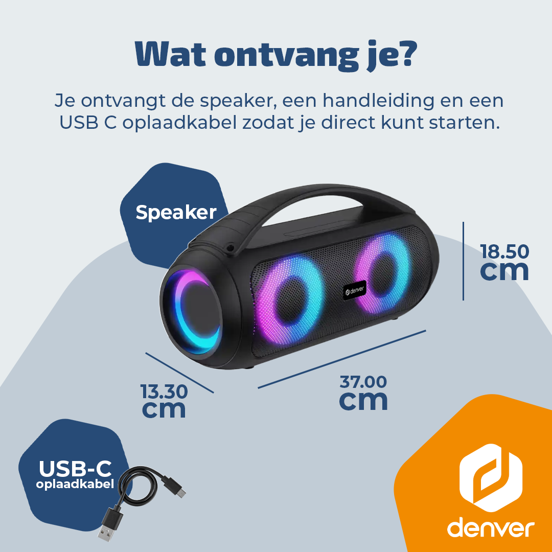 Zwarte Denver speaker met gekleurde lichten, USB-C kabel. Afmetingen: 37x18.5x13.3cm.