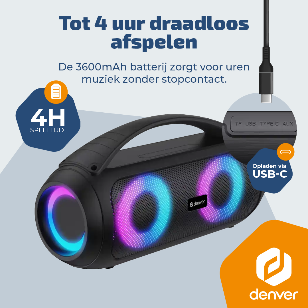 Zwarte Denver speaker met gekleurde lichten, USB-C opladen en 4 uur speeltijd icoon.