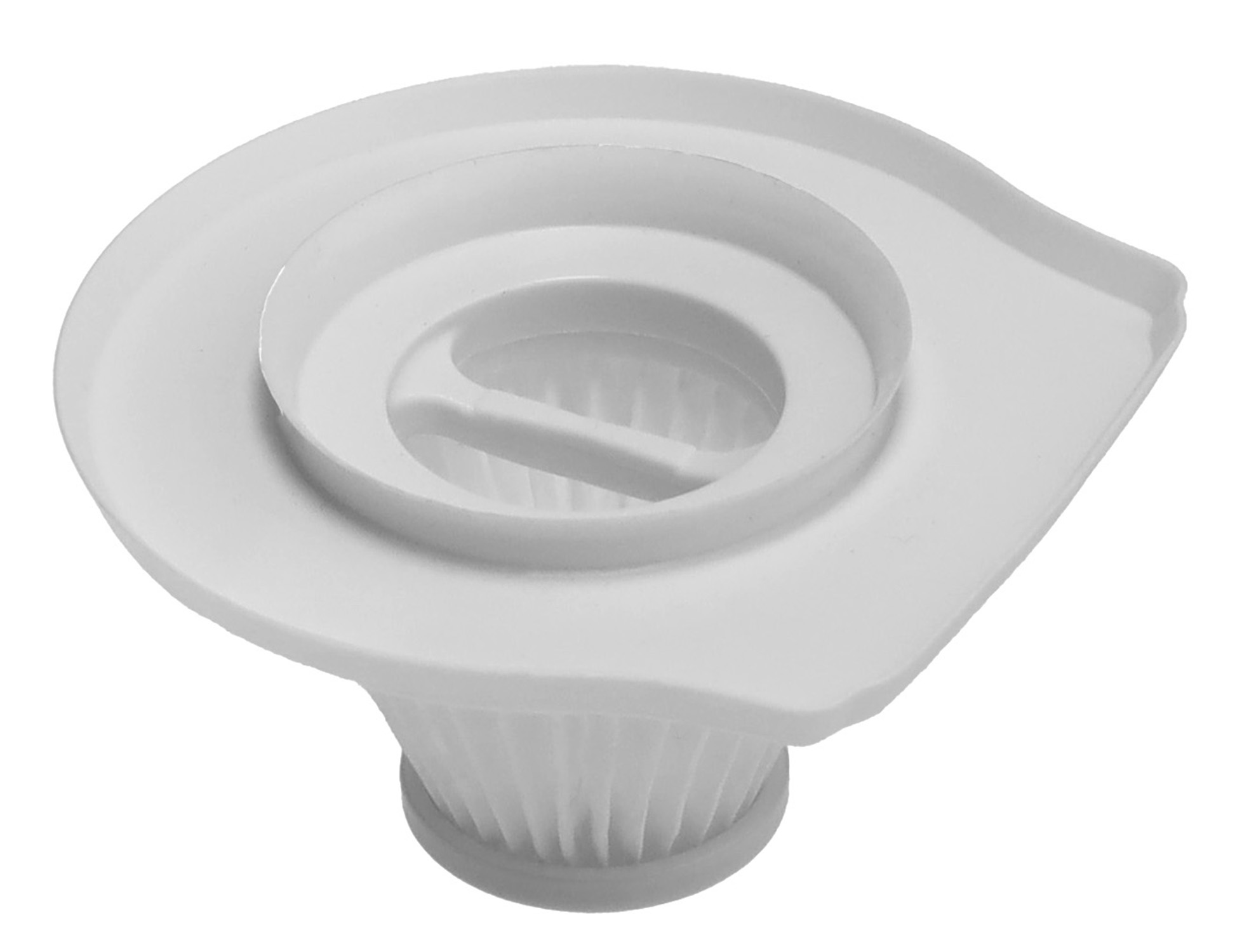 Ein weißer Staubsaugerfilter mit Falten und einem spiralförmigen oberen Teil.