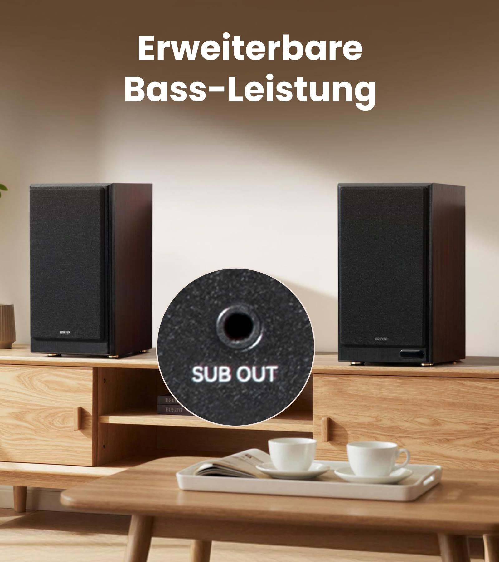 Zwei schwarze Lautsprecher stehen auf einem Holzregal. Ein Kreis zeigt die „SUB OUT“-Buchse.