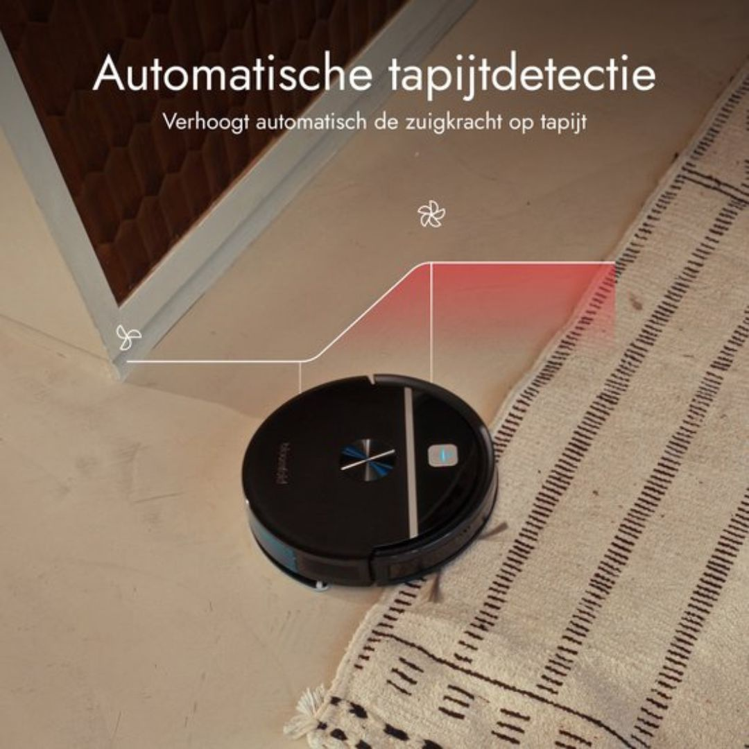 A black robot vacuum detects carpet and increases suction power.