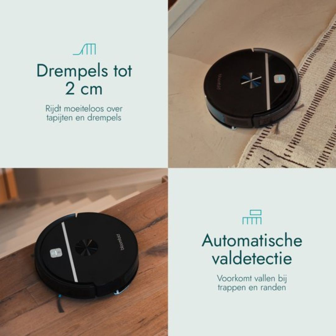 A black robot vacuum on a wooden floor and rug, with text about thresholds and fall detection.