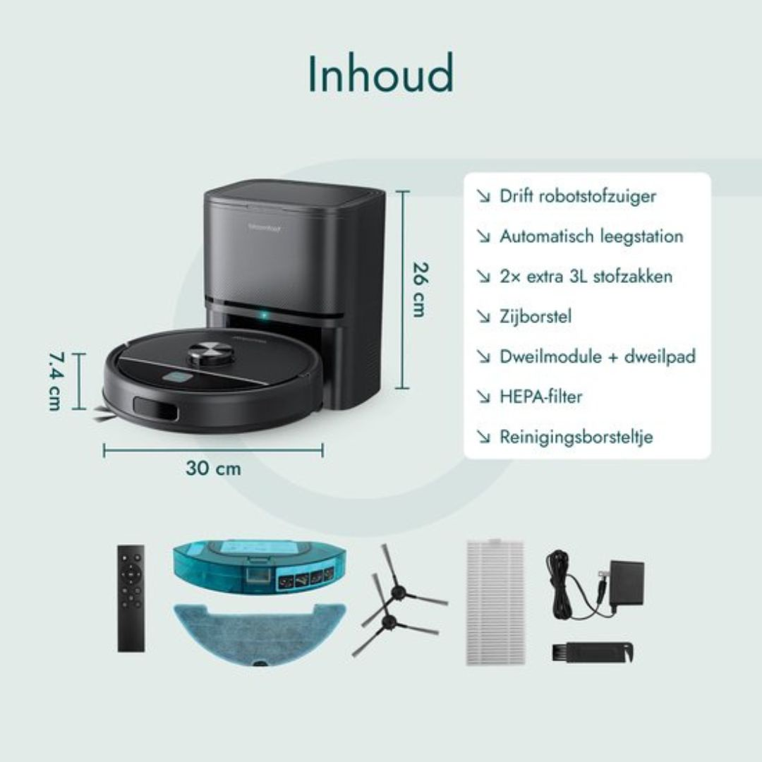 A black robot vacuum with charging station and accessories.