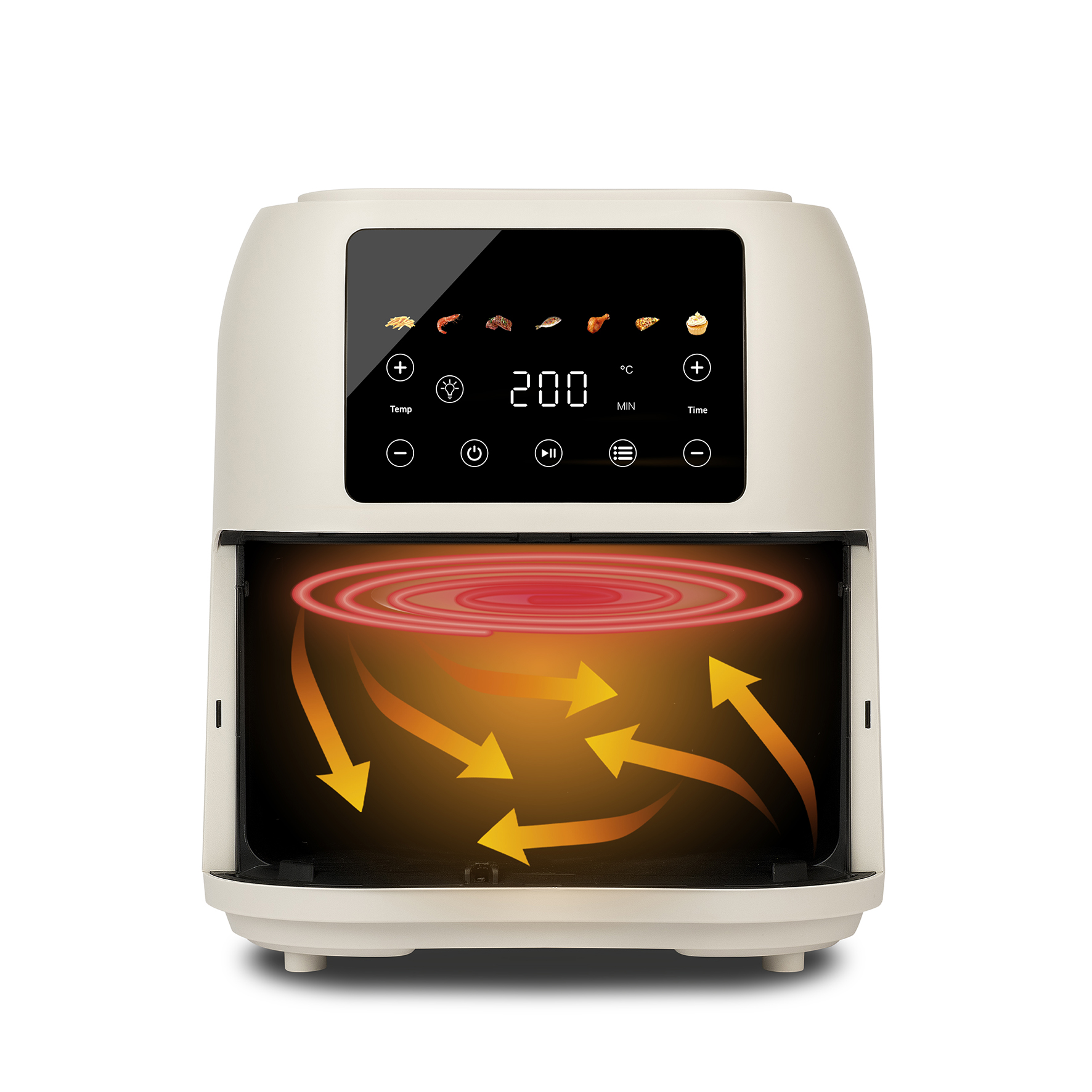 Eine beige Heißluftfritteuse mit digitalem Display, das 200°C anzeigt. Innen sind Heizspiralen und Pfeile für die Luftzirkulation abgebildet.
